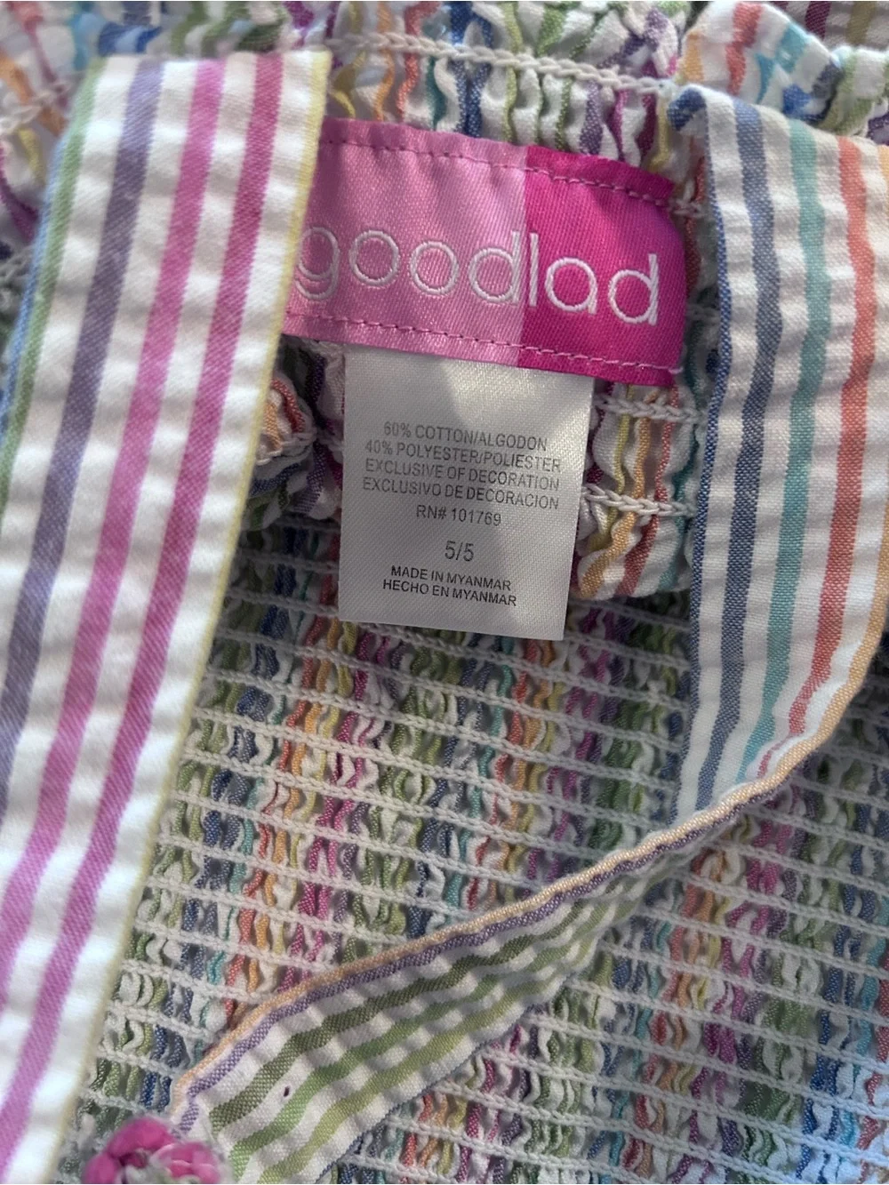 Goodlad Girls Multicolor Striped Pineapple Seersucker Smocked Sundress. Size 5